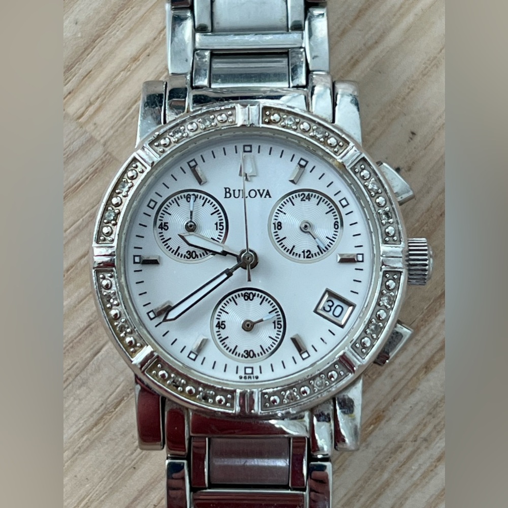 Bulova Diamond Chronograph Ladies Watch Mother of Pearl Dial Stainless Bracelet